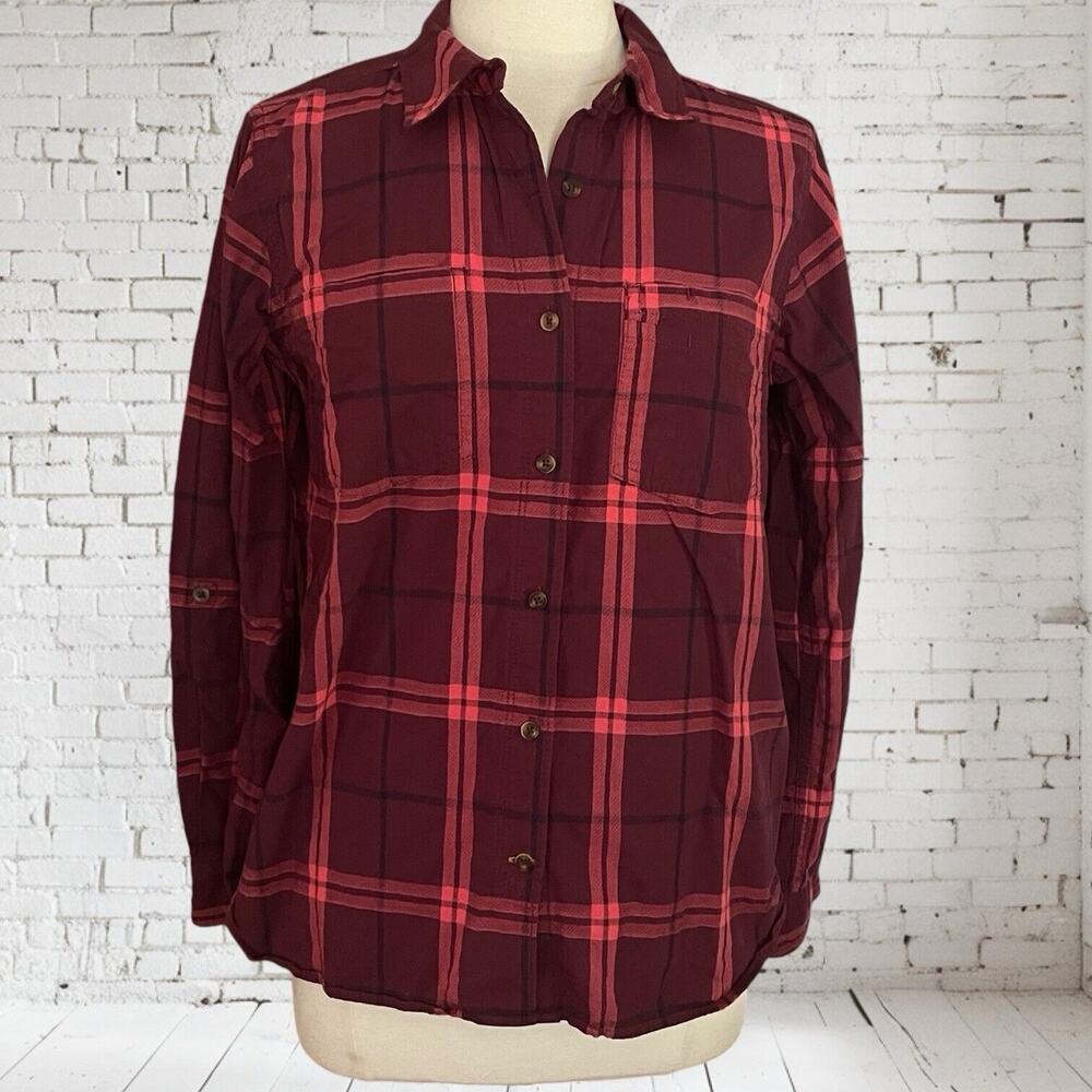 Carhartt Shirt Womens Size 8/10 Burgundy Pink and Black Plaid Roll Tab‎ Sleeves
